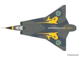 A camouflaged Draken with yellow swordfish markings