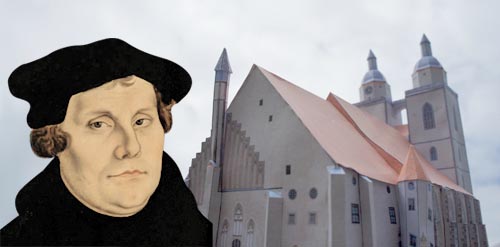 Martin Luther in front of his church in Wittenberg