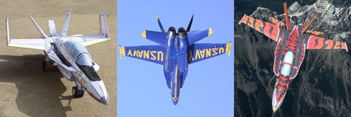 Three representative versions of the Hornet: A two-seater with folded wings, the blue angels version from below, and the impressive red-grey tiger meet version